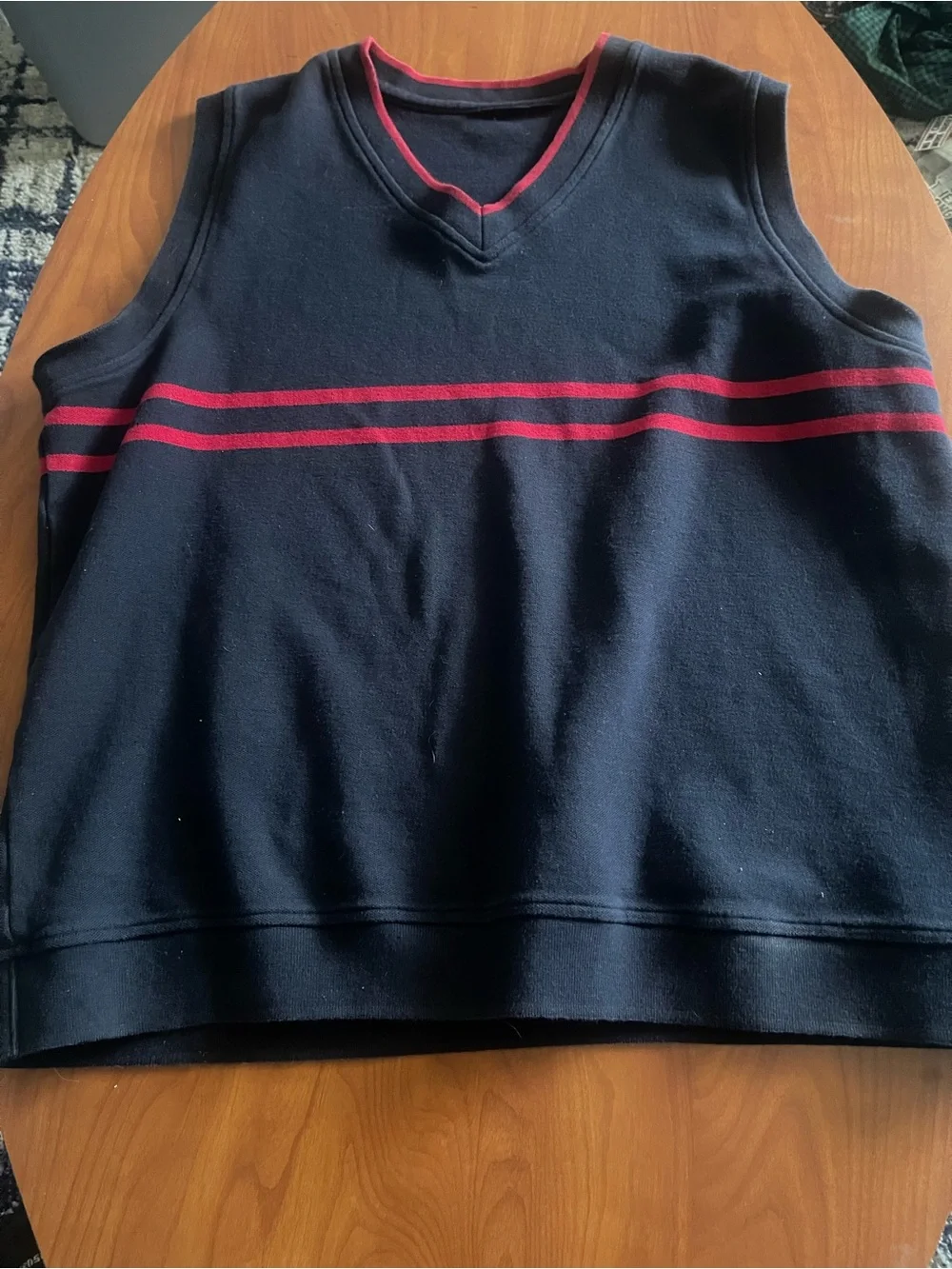 Men's Navy V-Neck Sweater Vest with Red Stripe